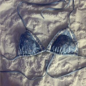 Floral Lace Trim Blue Bathing suit top